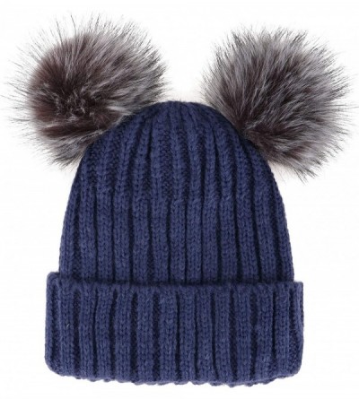 Skullies & Beanies Cable Knit Beanie with Faux Fur Pompom Ears - Navy Hat Black Grey Ball Black Lining - CV17AA576XO $16.32