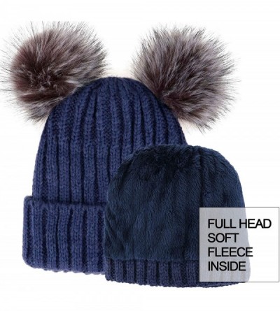 Skullies & Beanies Cable Knit Beanie with Faux Fur Pompom Ears - Navy Hat Black Grey Ball Black Lining - CV17AA576XO $16.32
