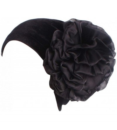 Skullies & Beanies Women Velvet Turban Hat Indian Cap Flower Slouchy Beanie Stretch Chemo Headwrap - Ha Flower Black - C318Y9...