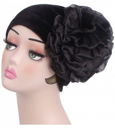 Skullies & Beanies Women Velvet Turban Hat Indian Cap Flower Slouchy Beanie Stretch Chemo Headwrap - Ha Flower Black - C318Y9...