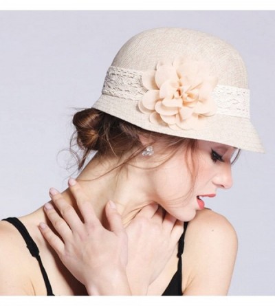 Bucket Hats Women's Gatsby Linen Cloche Hat With Lace Band and Flower - Natural - CA12ER399E5 $24.78