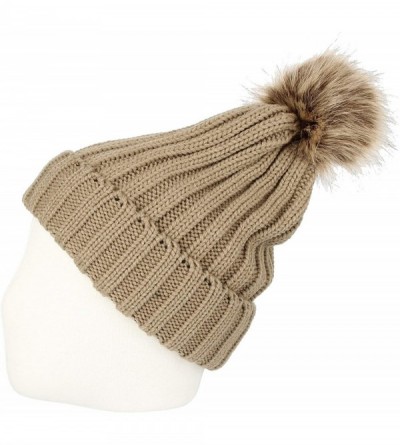 Skullies & Beanies Fleece Ribbed Knit Pom Beanie Winter Hat Slouchy Cap CZP0011 - Brown - CF18KIO9477 $12.13