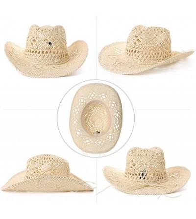 Cowboy Hats Womens Packable Western Outback Cowboy Mexican Feather Straw Sun Hat Fedora Cowgirl for Men - Natural_99760 - CN1...