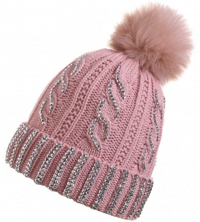 Skullies & Beanies Women Winter Knit Beanie-Hats- Pompom-Hats Warm Chunky-Elastic Shiny Ears for Women - Mz011-pink - CB18XTU...
