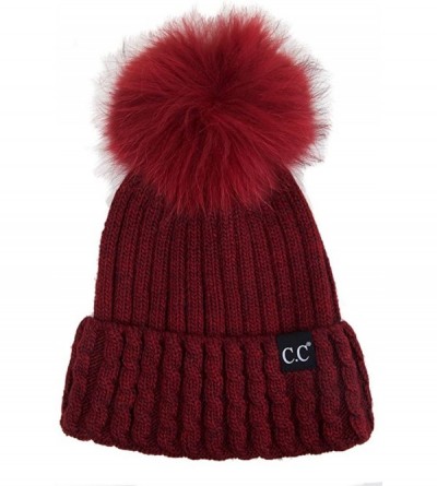 Skullies & Beanies Black Label Ribbed Real Racoon Fur Knitted Cuffed Beanie with Pom Pom - Burgundy - CG187GL45LC $70.27