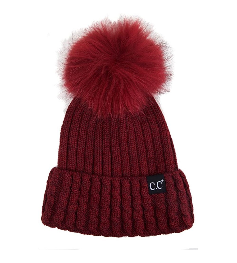 Skullies & Beanies Black Label Ribbed Real Racoon Fur Knitted Cuffed Beanie with Pom Pom - Burgundy - CG187GL45LC $35.14