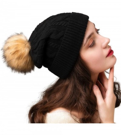 Skullies & Beanies Beanie Hats for Women Slouchy Style Winter Hat with Faux Fur Pom Pom Hats - New-black - CD18IX239TU $29.66
