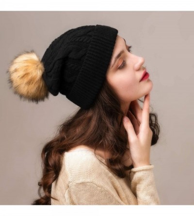 Skullies & Beanies Beanie Hats for Women Slouchy Style Winter Hat with Faux Fur Pom Pom Hats - New-black - CD18IX239TU $12.85