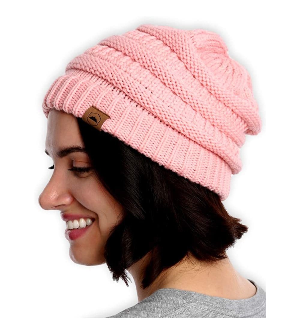 Skullies & Beanies Womens Cable Knit Beanie - Warm & Soft Stretch Winter Hats for Cold Weather - Pink - CC185KZHCRH $7.80