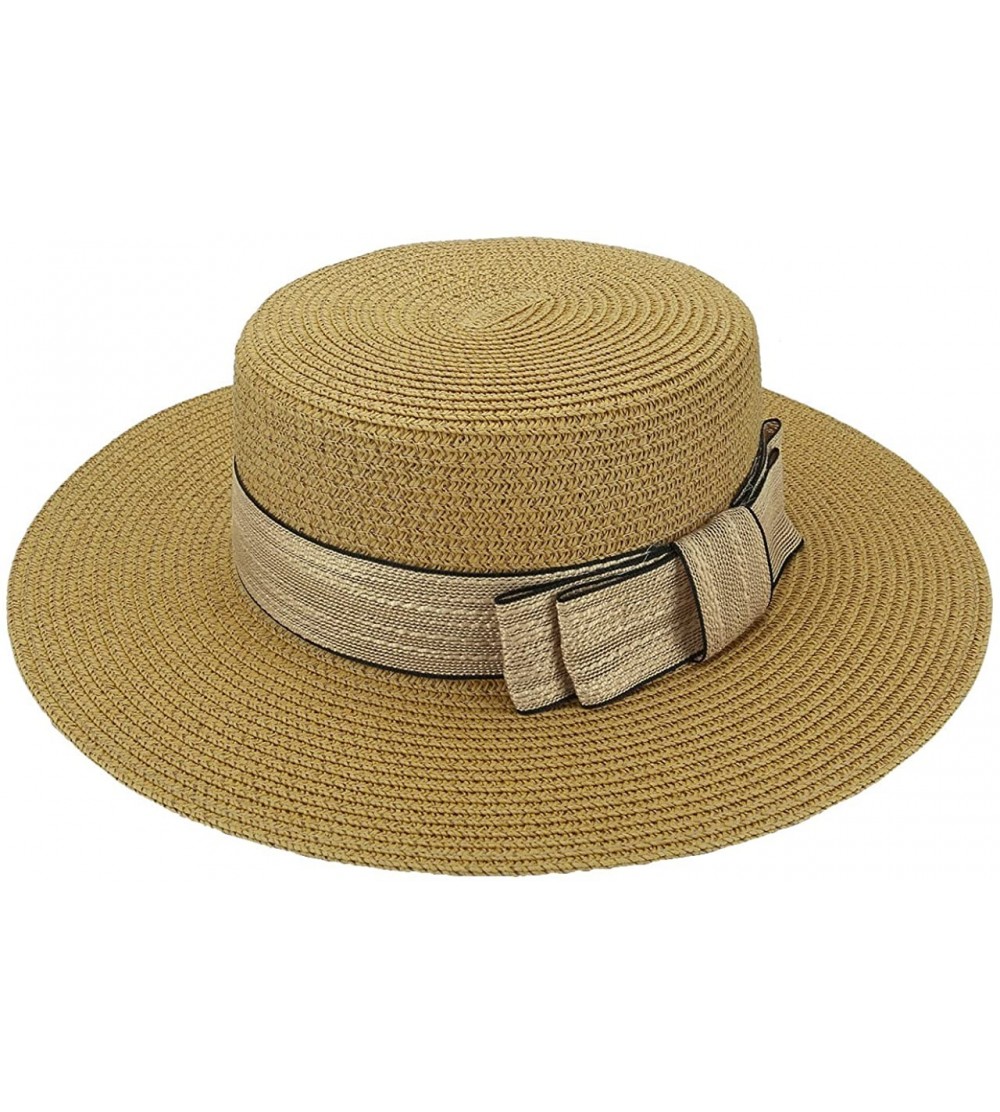 Sun Hats Women Straw Hat Bowknot Boater Summer Fedoras Beach Sun Hat - Khaki - CF18G23NZOQ $13.83