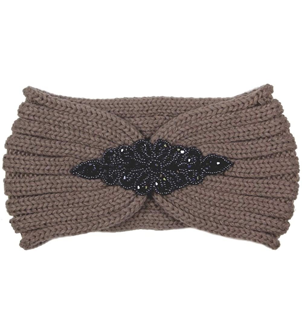 Cold Weather Headbands Women's Winter Sequin Flower Knitted Headband Ear Warmern - Bead - Taupe - CH18HD6LMUR $9.82