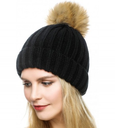 Skullies & Beanies Womens Girls Winter Fur Hat Large Faux Fur Pom Pom Slouchy Beanie Hats - Black - CQ12N72AMVH $14.71