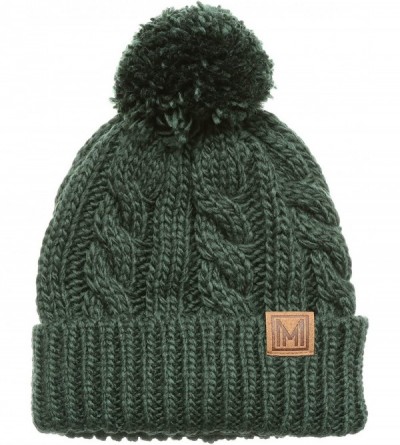 Skullies & Beanies Winter Oversized Cable Knitted Pom Pom Beanie Hat with Fleece Lining. - Dark Green - CD186MMYROR $24.58