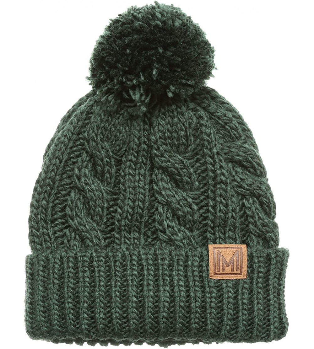 Skullies & Beanies Winter Oversized Cable Knitted Pom Pom Beanie Hat with Fleece Lining. - Dark Green - CD186MMYROR $15.28