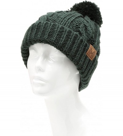 Skullies & Beanies Winter Oversized Cable Knitted Pom Pom Beanie Hat with Fleece Lining. - Dark Green - CD186MMYROR $15.28