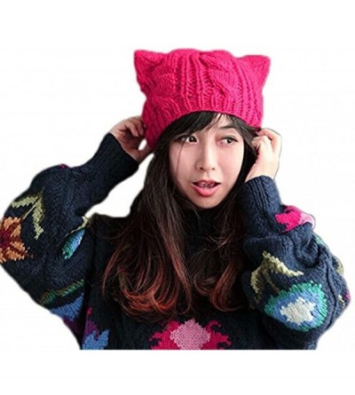 Skullies & Beanies Knit Dog Ear Hat for Women Knitting Crochet Handmade Warmer Beanie Cap - Rose - C7187AKDY9W $10.53