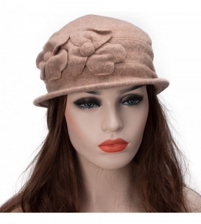 Bucket Hats Solid Color Retro Womens 100% Wool Flower Dress Cloche Bucket Cap Hat A218 - Khaki - C112MDJVWDL $14.56