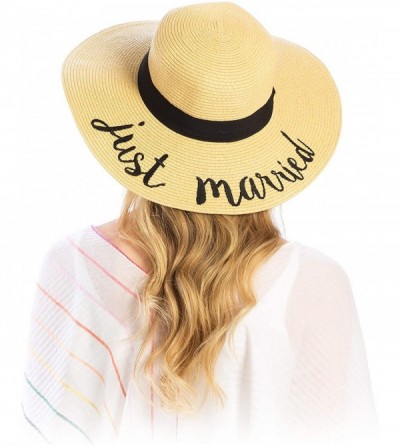 Sun Hats Women Spring Summer Beach Paper Embroidered Lettering Floppy Hats - Just Married - Beige - CY18QG2G9UC $19.32