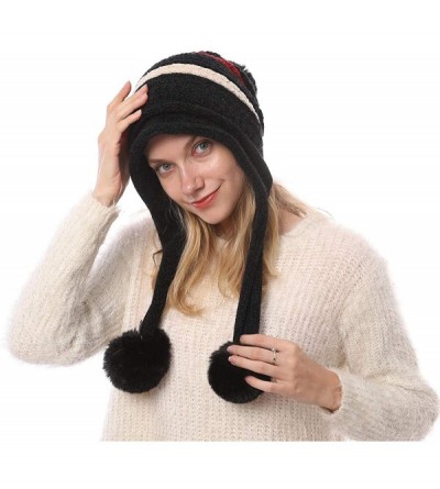 Skullies & Beanies Women Skull Beanie Hat Peruvian Cap Winter Fleeced Ski Ear Flaps Pompoms Cable Knitting - A7-9012-black - ...