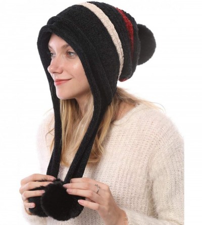 Skullies & Beanies Women Skull Beanie Hat Peruvian Cap Winter Fleeced Ski Ear Flaps Pompoms Cable Knitting - A7-9012-black - ...