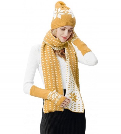 Skullies & Beanies Women Scarf & Glove Set- Knitted Snowflake Detail & Matching Beanie Cap - Yellow - CI188N3ULA7 $24.01
