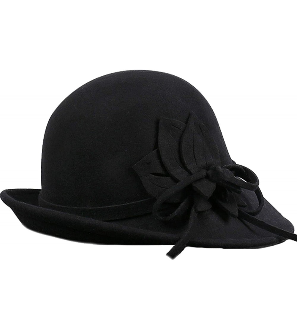 Fedoras Women's Floral Trimmed Wool Blend Cloche Winter Hat - Model B - Black - CZ188TOLH3T $22.27