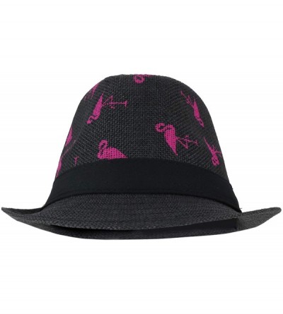 Fedoras Hot Pink Novelty Flamingo Print Summer Straw Fedora Hat - Black - CH18IKSC2XN $18.28