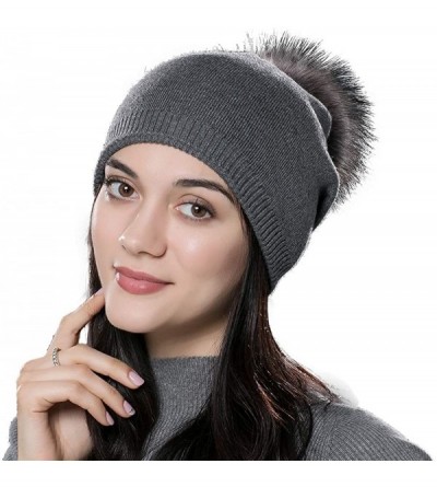 Skullies & Beanies Winter Beanie Hats for Women Genuine Fur Pompom Beanie Knit Wool Hats Ski Cap - CK18KQYCECI $35.37