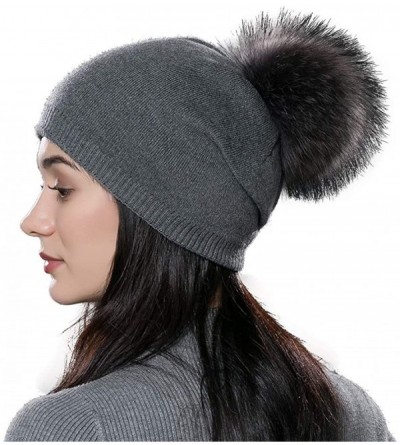 Skullies & Beanies Winter Beanie Hats for Women Genuine Fur Pompom Beanie Knit Wool Hats Ski Cap - CK18KQYCECI $14.70