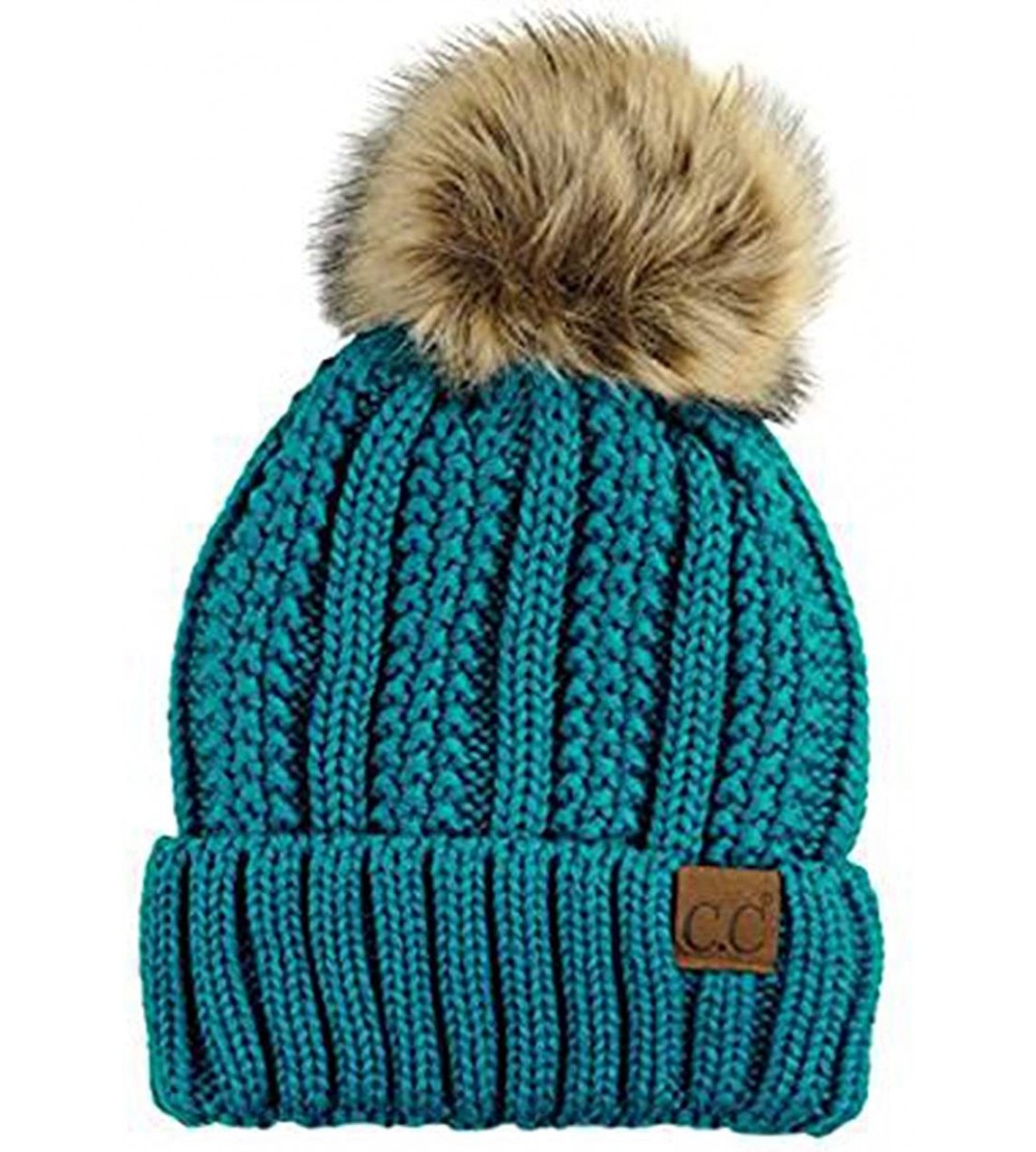 Skullies & Beanies Quality Women's Faux Fur Pom Fuzzy Fleece Lined Slouchy Skull Thick Cable Beanie hat - Teal - CP187UKQUOW ...