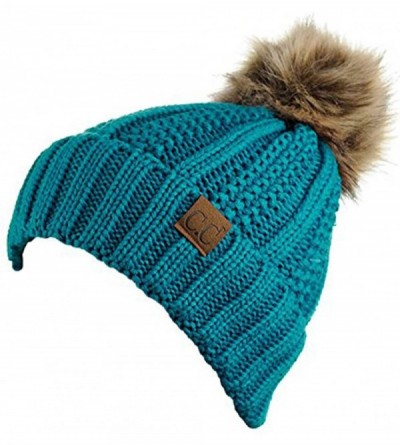 Skullies & Beanies Quality Women's Faux Fur Pom Fuzzy Fleece Lined Slouchy Skull Thick Cable Beanie hat - Teal - CP187UKQUOW ...