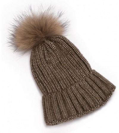 Skullies & Beanies Sparkle Threading Wool Crochet Knit Hat Pom Pom Winter Beanie Cap T263 - Brown With Natural Pom Pom - CM18...