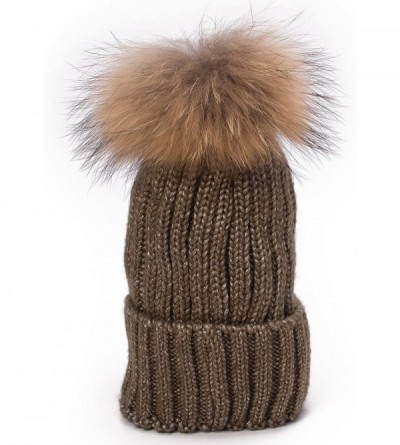 Skullies & Beanies Sparkle Threading Wool Crochet Knit Hat Pom Pom Winter Beanie Cap T263 - Brown With Natural Pom Pom - CM18...