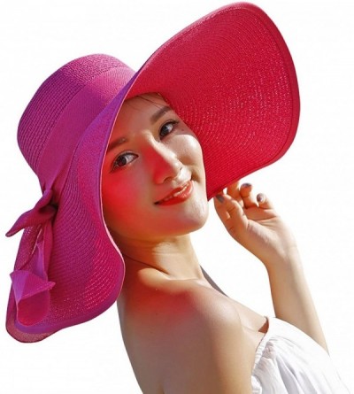 Sun Hats Women Big Bowknot Straw Hat Floppy Foldable Roll Up Beach Cap Sun Hat - Rose Pink - C018D2X9AQU $15.89