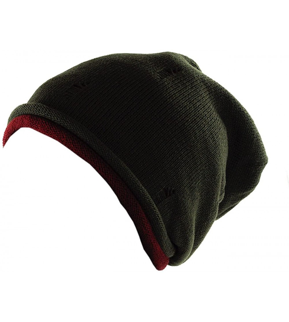 Skullies & Beanies Fashionable Double Layered Vintage Ripped Acrylic Slouch Beanie - Olive/Burgundy - CU11OHYCMSF $14.01