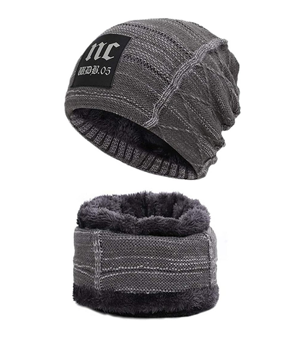 Skullies & Beanies 3 in 1 Winter Beanie Hat Scarf and Gloves Set Warm Knit Hat Thick Fleece Lined for Men Women - Nc Gray - C...