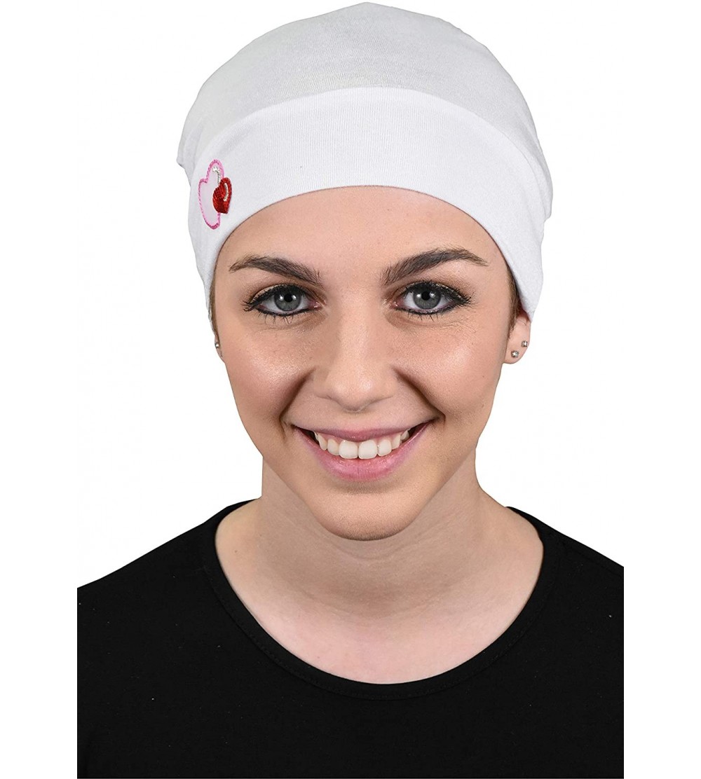 Skullies & Beanies Womens Soft Sleep Cap Comfy Cancer Hat with Hearts Applique - White - CJ17WUGLKYX $13.33