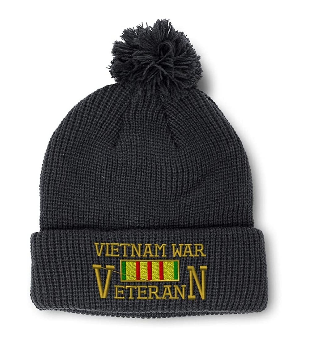 Skullies & Beanies Winter Pom Pom Beanie Men & Women Vietnam Veteran War A Embroidery Skull Cap Hat - Black - CT18A0DCZ6W $13.47