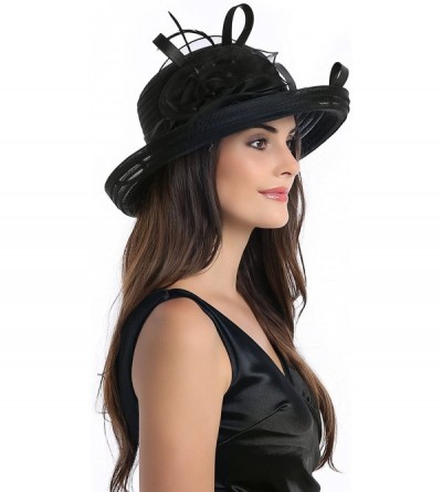 Sun Hats Lady's Organza Wide Brim Bowler Hat Kentucky Derby Church Dress Sun Hat - Black - CX18GLC6WIO $14.62