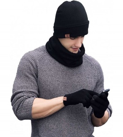 Skullies & Beanies 3 PCS Winter Beanie Hat Scarf Gloves Set- Knitted Hat Scarf Touch Screen Gloves for Men Women - Black - C6...