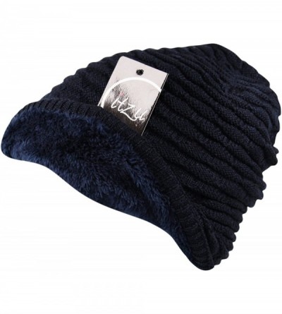 Skullies & Beanies Premium Unisex Slouch Beanie Ribbed Knit Winter Hat Warm Thick Faux Fur Fleece Lining - Style 2 - Navy Blu...