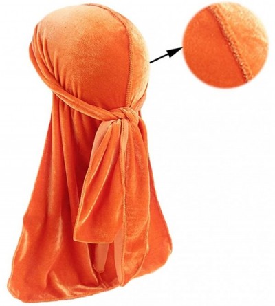 Skullies & Beanies Men's Soft Velvet Long Tail Wide Straps Durag Solid Color Cap Turban Headwrap - Orange - CP18GR7E239 $11.19