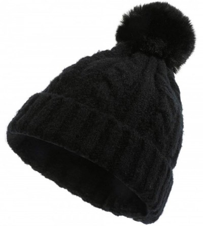 Skullies & Beanies Winter Beanie Knit Hat with Faux Fur Pom Pom Slouchy Soft Warm Stretch Cable Ski Cap for Women - Black - C...