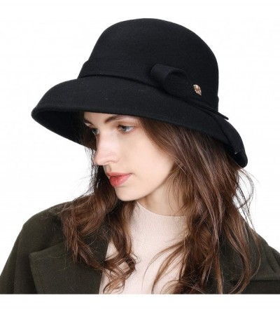 Bucket Hats Women Winter Wool Bucket Hat 1920s Vintage Cloche Bowler Hat with Bow/Flower Accent - Black00366 - C218AQOQG2R $4...