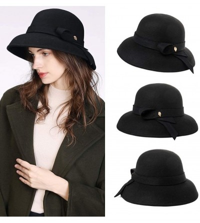 Bucket Hats Women Winter Wool Bucket Hat 1920s Vintage Cloche Bowler Hat with Bow/Flower Accent - Black00366 - C218AQOQG2R $4...