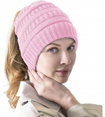 Skullies & Beanies Women's Knitted Messy Bun Hat Ponytail Beanie Baggy Chunky Stretch Slouchy Winter - Baby Pink - CV18YMEWAH...
