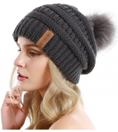 Skullies & Beanies Women Knit Slouchy Beanie Chunky Baggy Hat with Faux Fur Pompom Winter Soft Warm Ski Cap - CW18GRLADIC $12.24