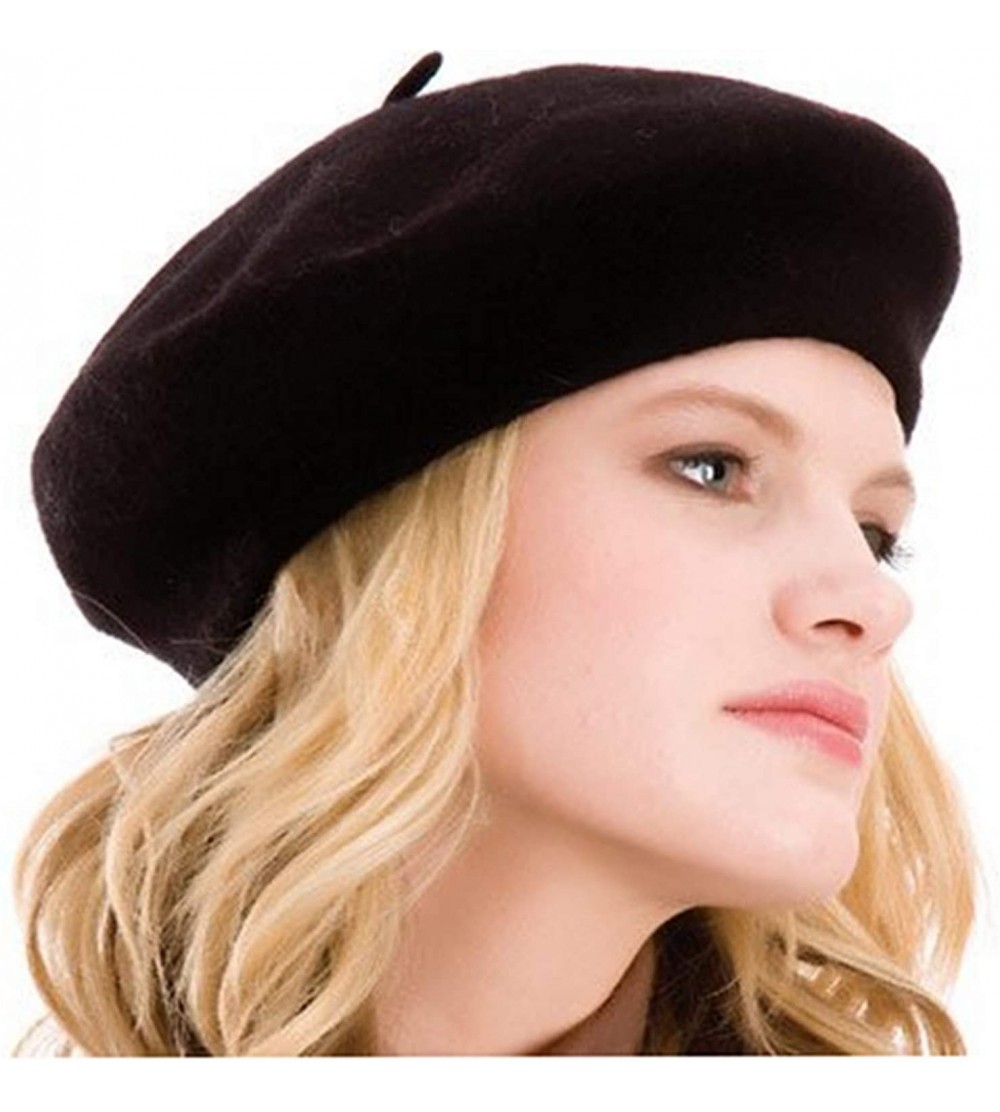 Berets Womens Beret 100% Wool French Beret Solid Color Beanie Cap Hat - Brown - CA18HAQKQKQ $17.52