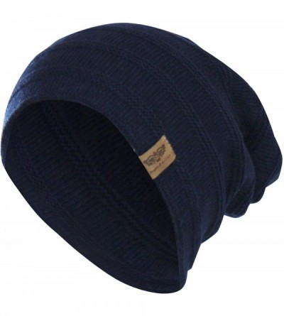 Skullies & Beanies Reversible Winter Knit Slouchy Beanie Hat - Unisex Knitted Slouch Cap - Navy Blue - CL12M8JYDMD $23.66