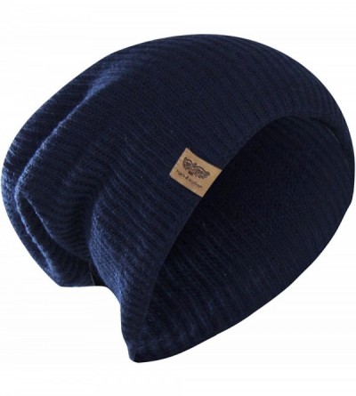 Skullies & Beanies Reversible Winter Knit Slouchy Beanie Hat - Unisex Knitted Slouch Cap - Navy Blue - CL12M8JYDMD $13.25